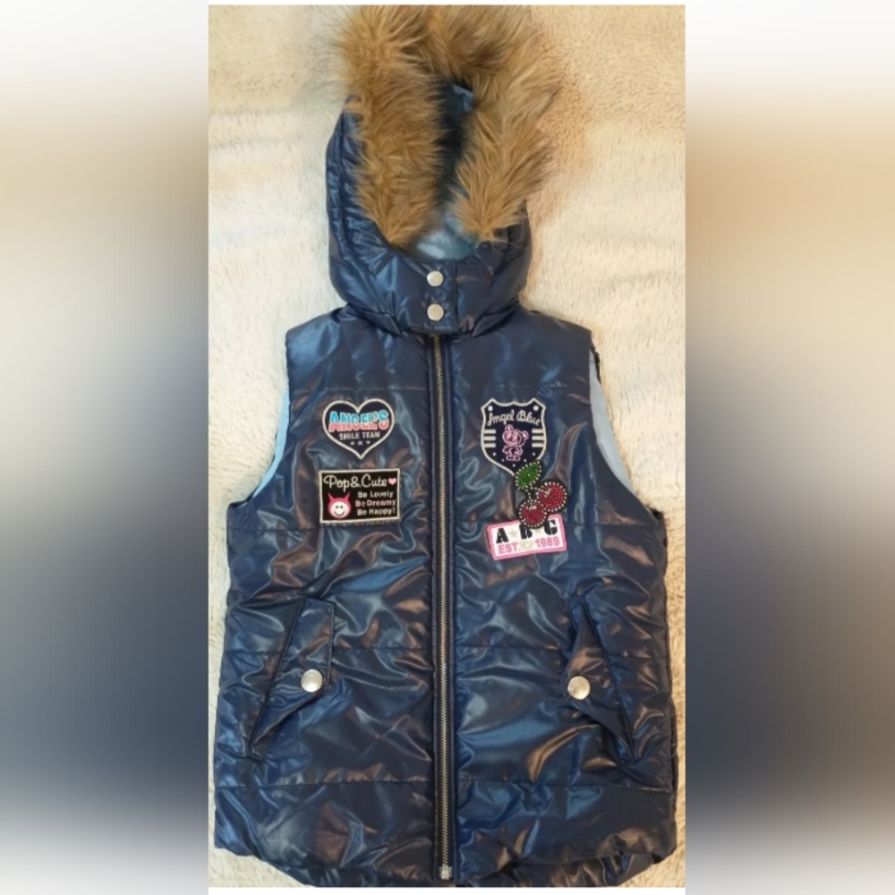 Angel Blue Warm Puffer Jacket Vest Hooded, Size L